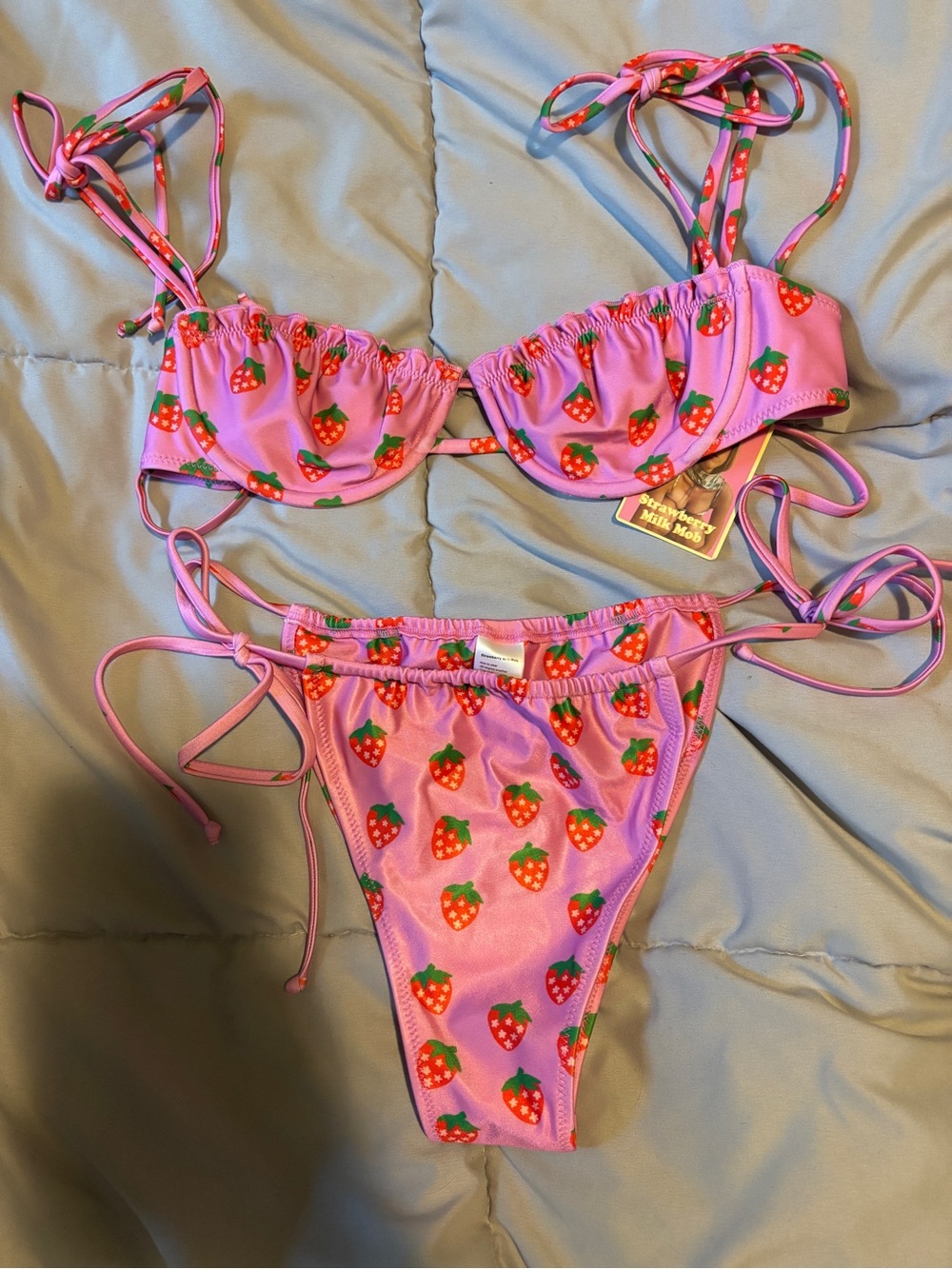 Strawberry Milk Mob Pink Strawberry Print Tie Bikini - Picture 2 of 5